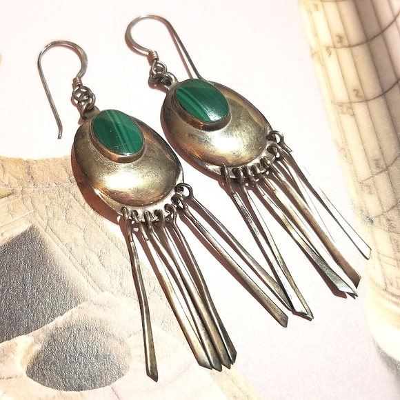 VTG Bohemian Malachite Sterling Silver Dangle Earrings - Picture 2 of 5
